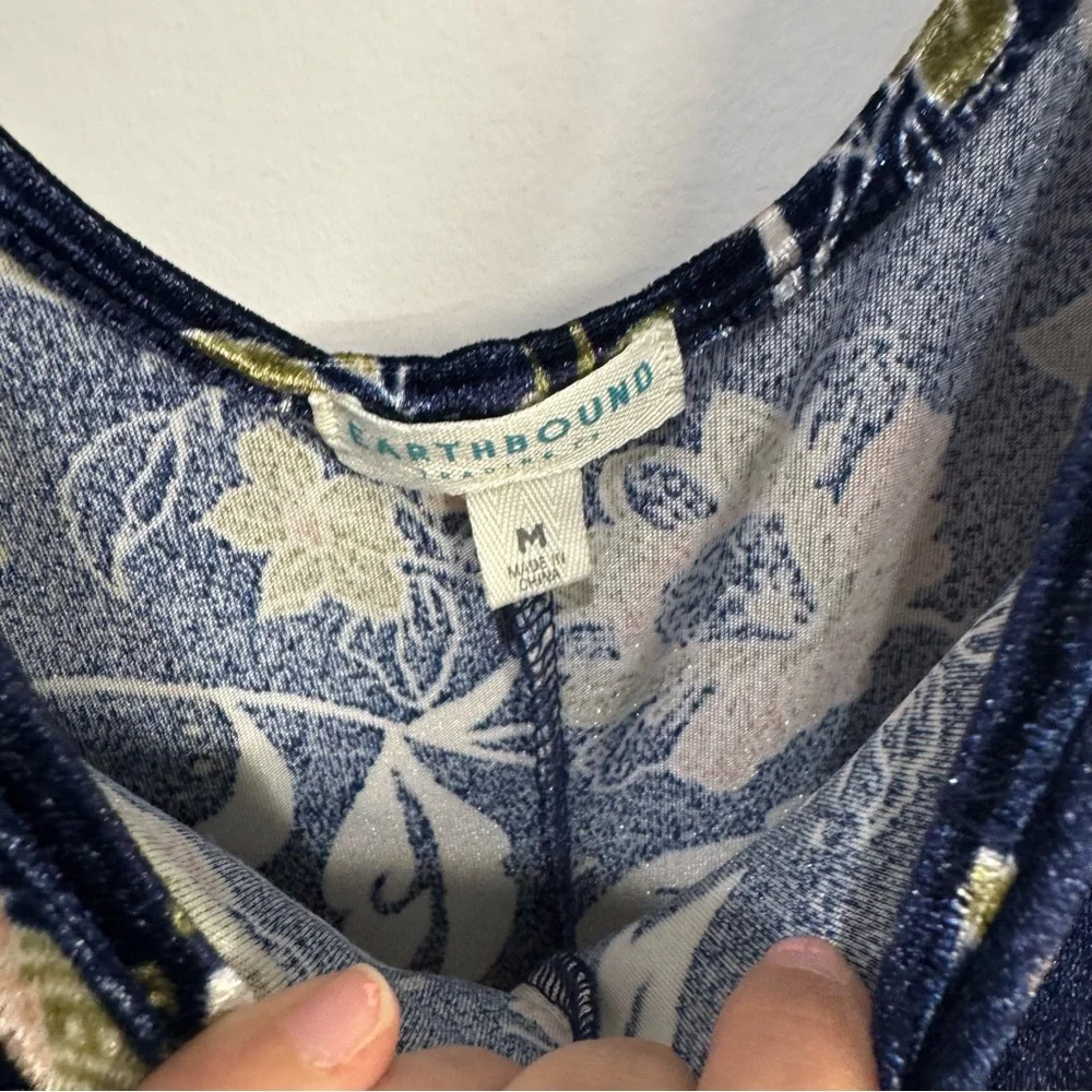 Earthbound Blue‎ Floral Sleeveless Velvet Wide Leg Stretch Jumpsuit Pockets